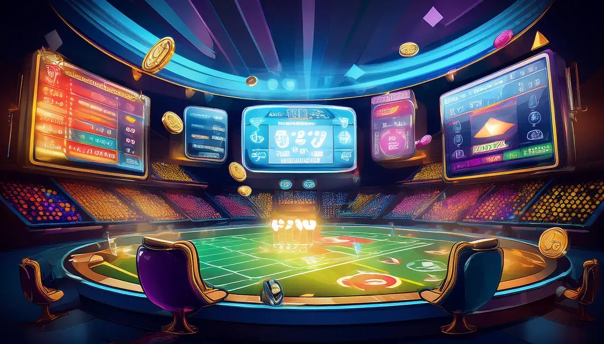 Laser247 arena with red and orange screens over the pitch