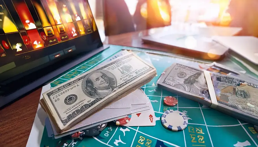 Laptop, cards and cash on a Laser247 demo table