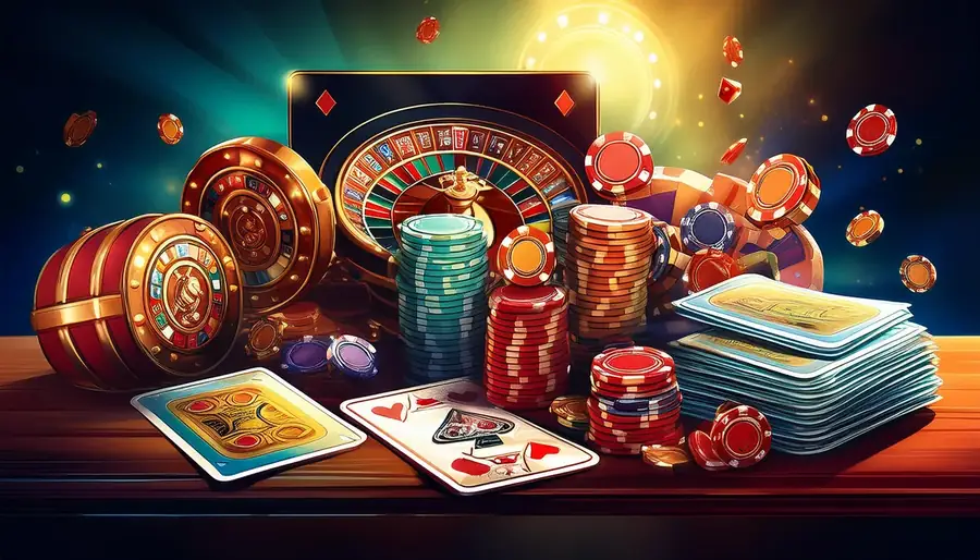 Cards and chips beside a laptop showing the Laser247 login