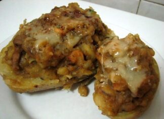 Patatas rellenas de pollo y champiñones